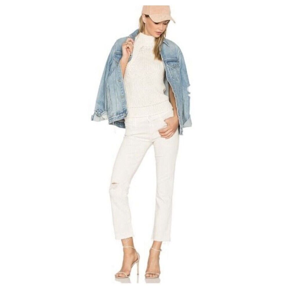 MOTHER White Denim The Rascal Ankle Snippet Jeans Size 28 Frayed Hem High Waist